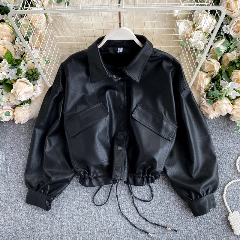 

Vintage BF Style Casual Loose PU Leather Jacket Coat Women's Street Style Drawstring Large Pocket Slim Short Motorcycle Jacket