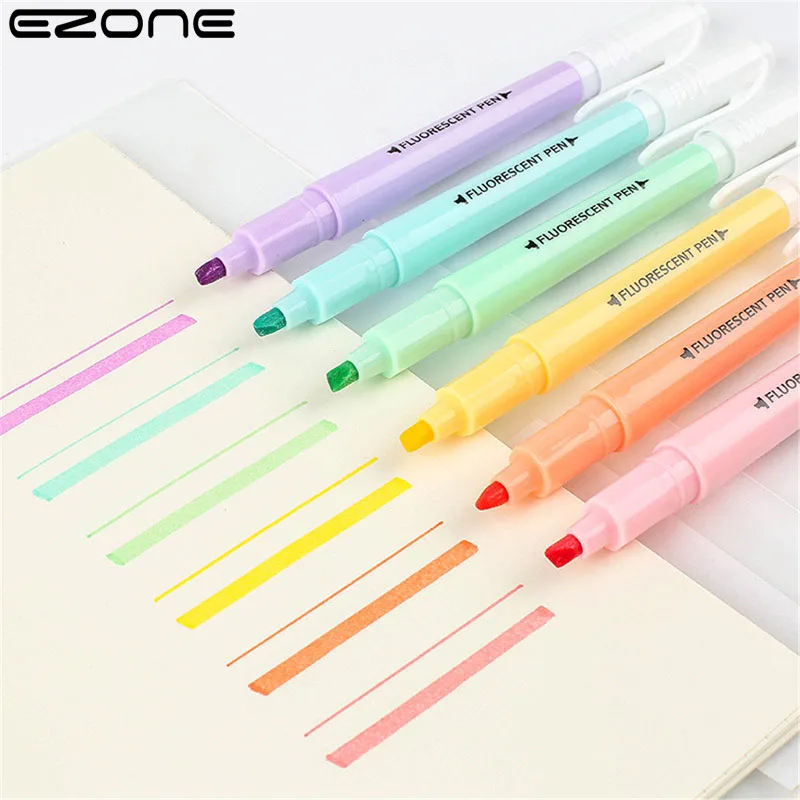 

EZONE 6Pcs/Set Cute Candy Color Highlighter Pen Stationery Double Headed Fluorescent Marker Pen Mark Pen Office School Supplies