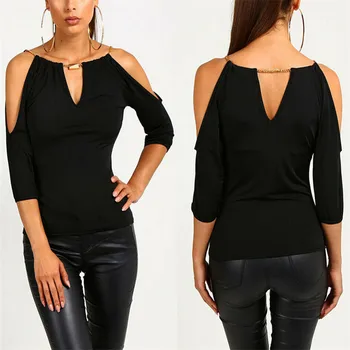 

Sexy Women Loose Casual Black T Shirt Tops Elegant Ladies Off Shoulder Summer Female Clothing Bare Shoulder Casual Pure T-shirts