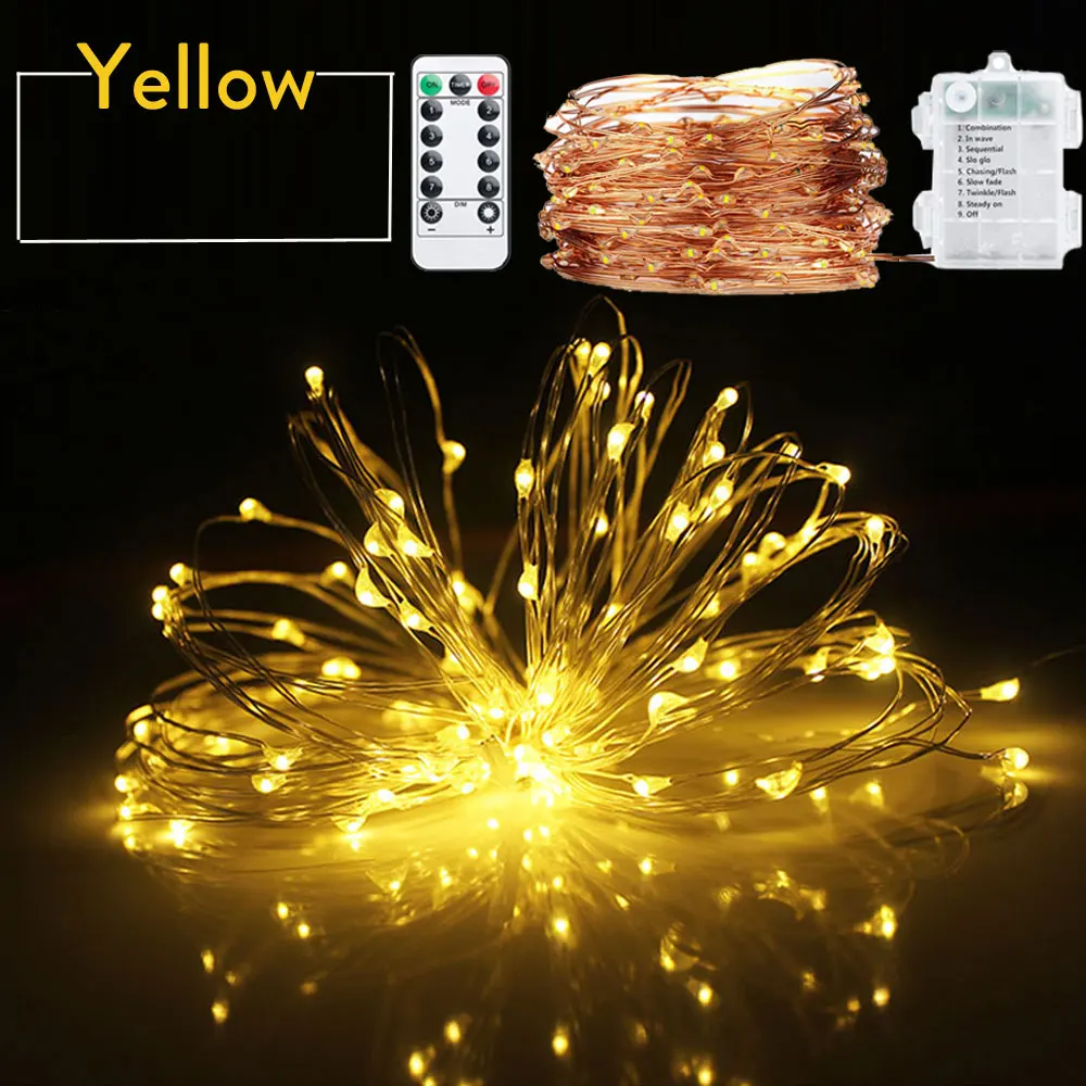 thumbnail image 1 of Guirnalda de luces navideñas con pilas, resistente al agua, 8 modos, mando a distancia, 50 LED, 100 LED, luces interiores, luces parpadeantes de cobre, 1 of 5
