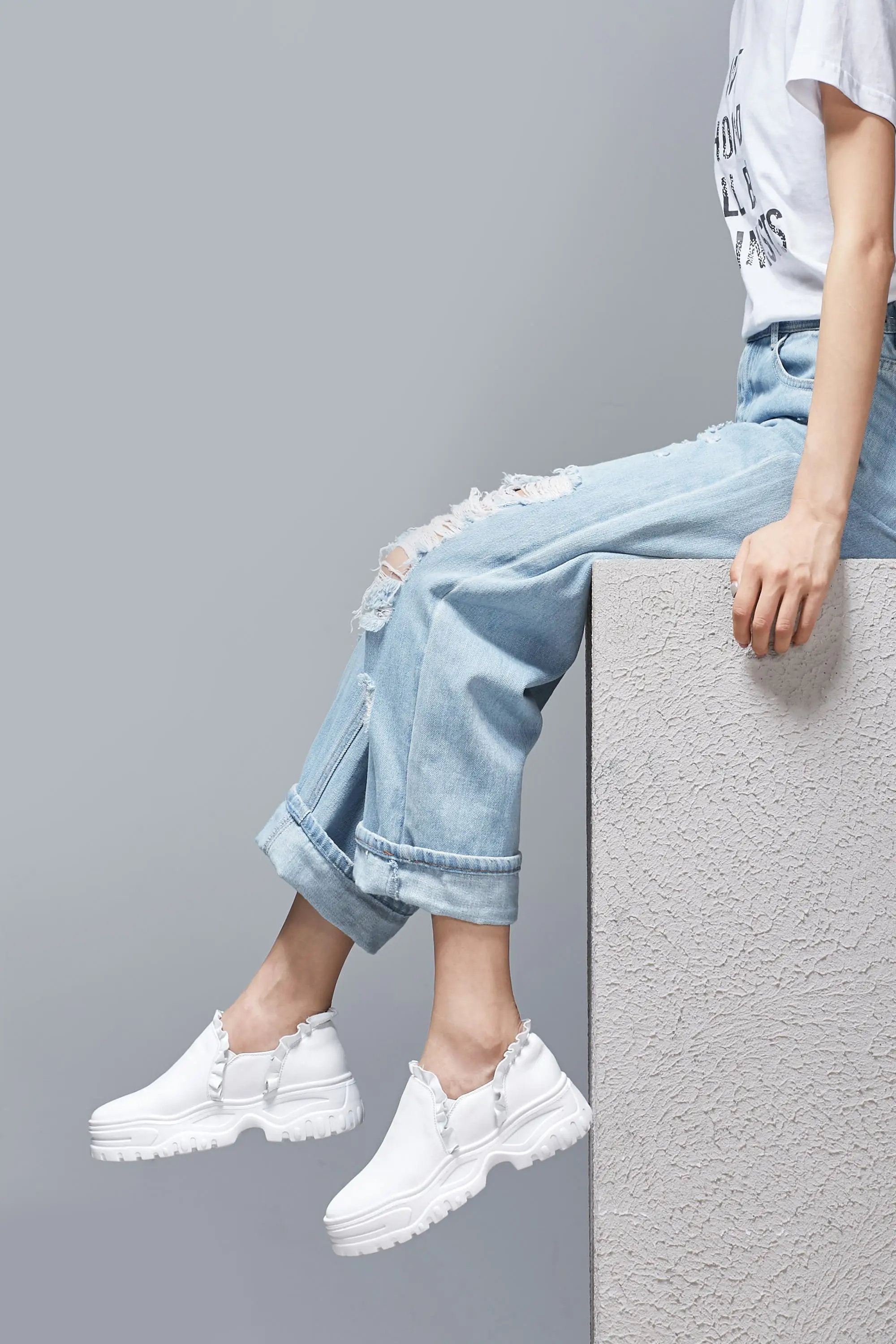 Krazing pot genuine leather ruffles decoration platform slip on round toe wedge women white sneakers casual vulcanized shoes L90