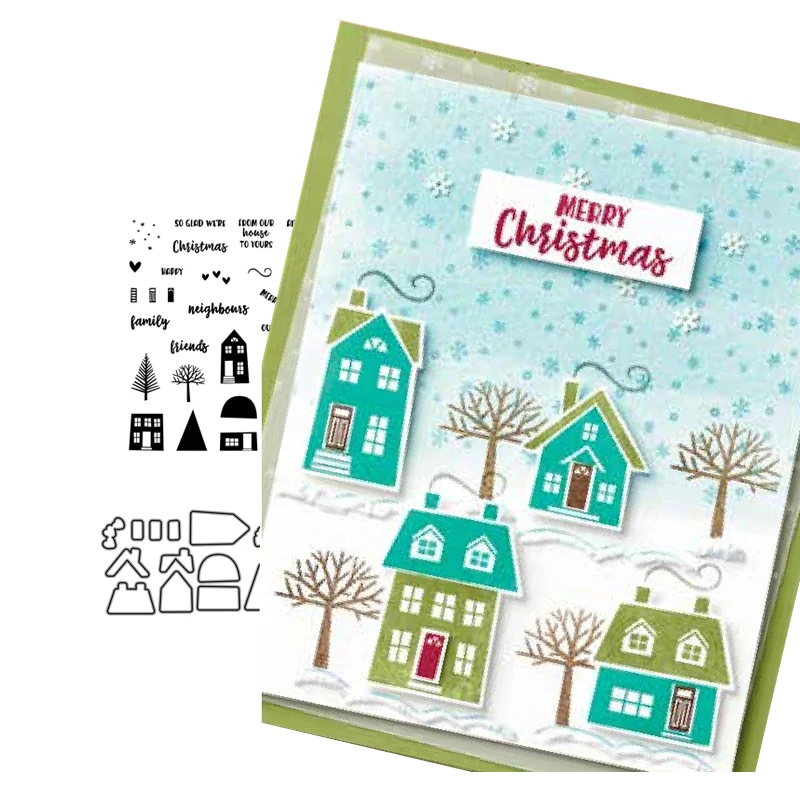 

JCarter Rubber Stamp and Metal Cutting Dies Merry Christmas House Home Tree for Scrapbooking Craft Stencil Card Make Sheet Decor