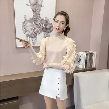 

Women Ruffled Collar Knitted Sweater Ruffles Autumn Solid Loose Pullover Fashion Flower Sleeve Jumper Sweater