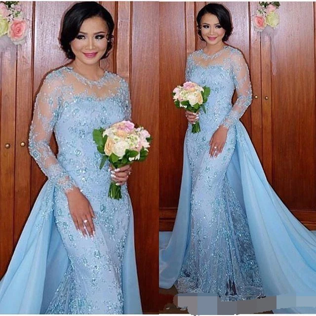 2019 Licht Blauwe Lange Mouwen Mermaid Avondjurken Applicaties Lace Formele Avondjurken Met Afneembare Rok Vestidos Arabisch 2019 Licht Blauwe Lange Mouwen Mermaid Avondjurken Applicaties Lace Formele Avondjurken Met Afneembare Rok Vestidos Arabisch