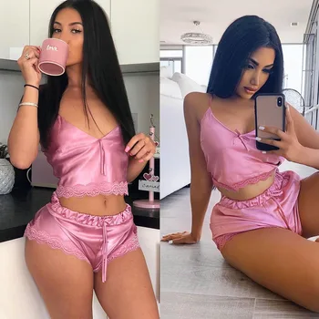 

Sweet Sexy Women 2 Piece Sets Bedroom Patchwork Lace Bow Decor Sling Sleeveless Solid Short Top+Drawstring Mid Waist Short Pants