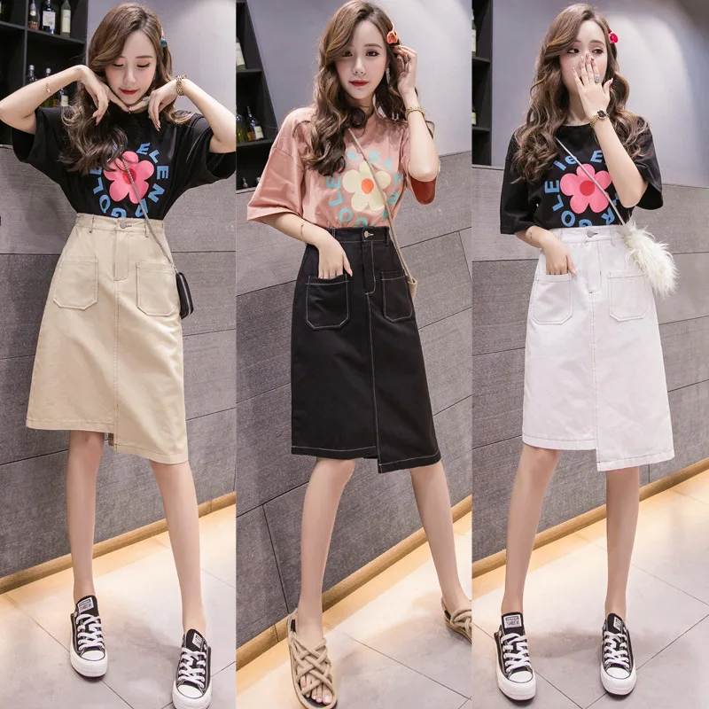 

Versitile Fashion Solid Color Irregular Skirt High-waisted Slimming Washing Water Cowboy Medium-length Dress One-Piece