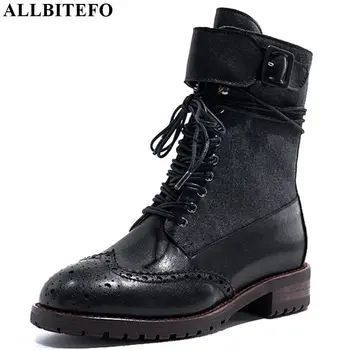 

ALLBITEFO real genuine leather women boots Pure color Belt buckle ankle boots fashion Autumn Winter comfortable Chelsea boots