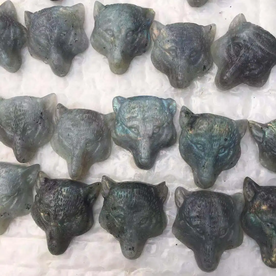 Ручной резной красивый натуральный Лабрадорит голова Волка череп каменная Статуэтка заживление