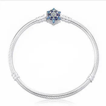 

925 Sterling Silver Bracelet Crystalized Snowflake Clasp Snake Chain Bracelets Bangle Fit Women Bead Charm Diy Fine Jewelry