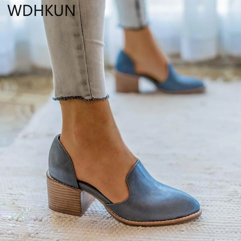 

Spring Summer Leather Pumps Women Med Chunky Block Heel Shoes Slip On Pointed Toe Casual Plus Size Lady Female Shoes