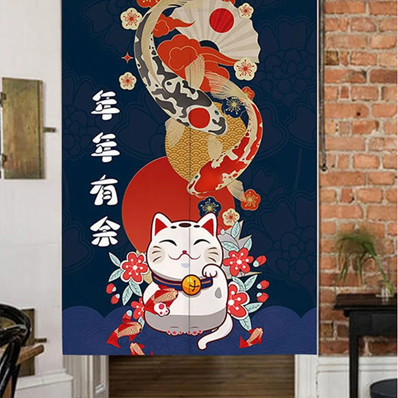 Занавеска на дверь в японском стиле с изображением из мультфильма Lucky Cat короткая