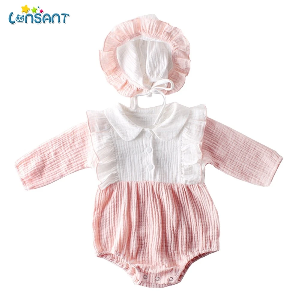LONSANT 0-24M Baby Boy Patchwork Long Sleeve Cotton Princess Romper+Hat Autumn Newborn Bebe Toddler Stitch Costume N30 |