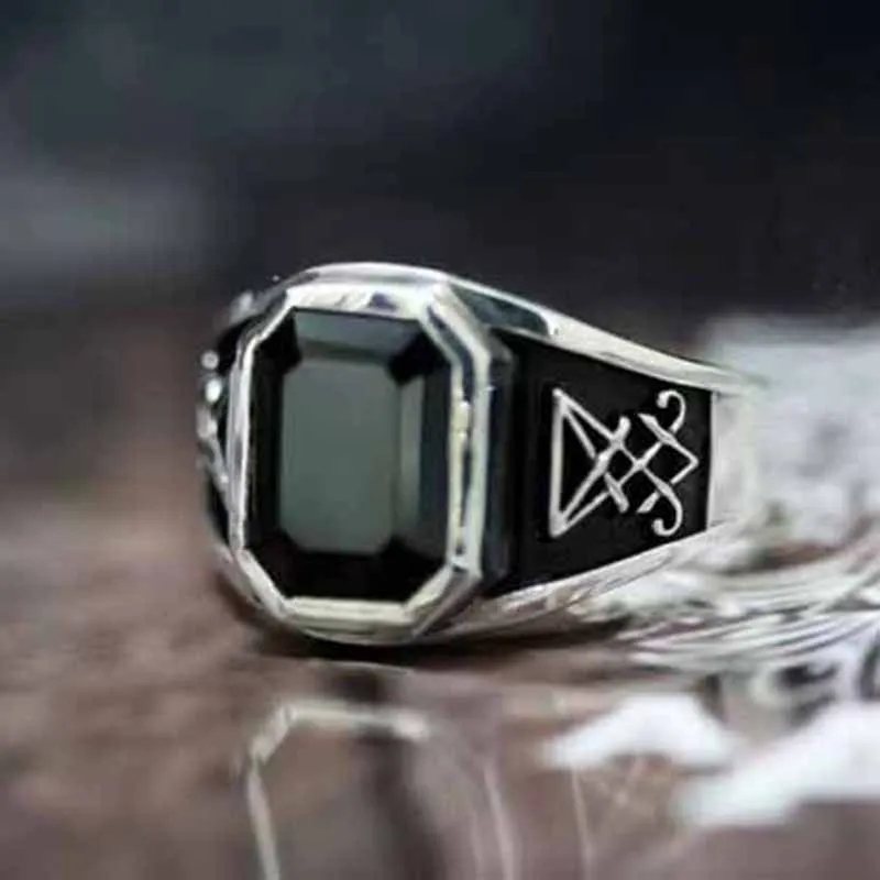 Vintage Gothic Lucifer Seal of Satan Signet Rings Punk Stainless Steel Seal Rings With Black Stone Pagan Jewelry Party Man Gift stainless steel ring signet ring finger ring