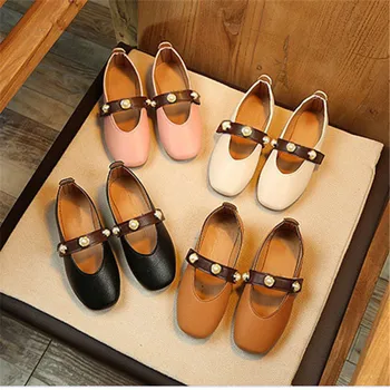 

Autumn Princess British Style Shoes With Loop Fasteners, Children's Round Toe Soft Face Pearl Flat Leather Shoes