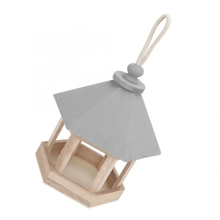 Wooden Birds House Shaped Feeder Cage Hollow Food Container Outdoor Garden Decoration Bird Shelter With Hanging Rope