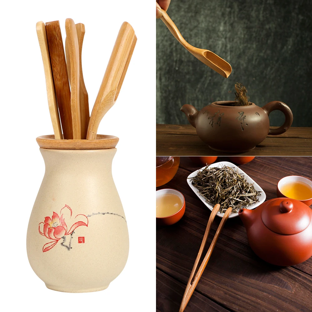 

Bamboo Teaspoons Needle Tweezer Clip Strainer Tong Tube Set Wooden Teaware Tea Ceremony Utensils Set 5 pieces/set