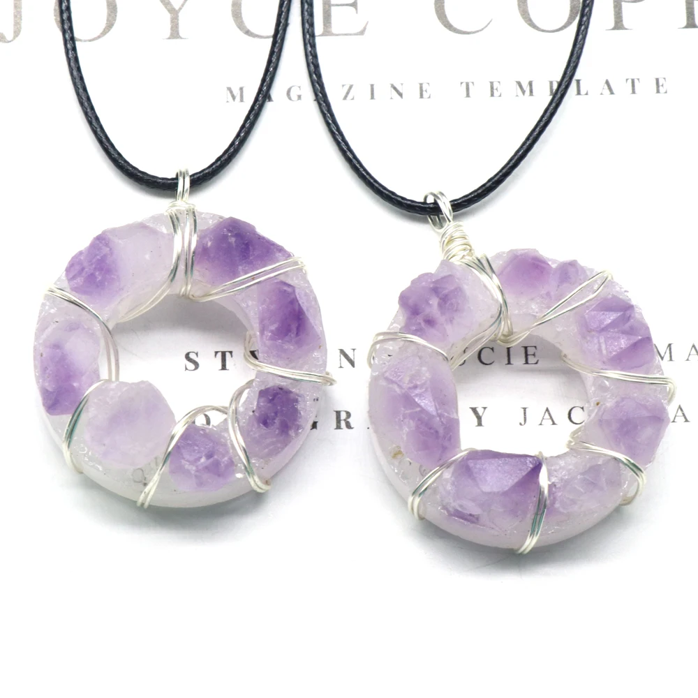 Wholesale 4PCS Natural Stones Amethyst Reiki Healing Round Shape Pendant Necklace DIY Charm Necklaces Jewelry Gift