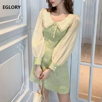 

New Korean Fashion Dress 2019 Autumn Style Women Peter Pan Collar Sexy Sheer Sleeve Patchwork Bodycon Green Dress Above Knee