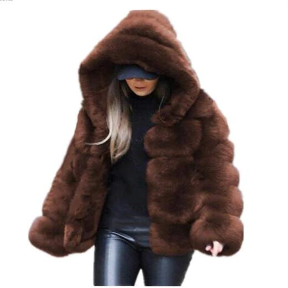 S-4XL, женское Норковое Пальто, зимнее пальто из искусственного меха с капюшоном, элегантная Толстая теплая верхняя одежда, куртка из искусственного меха, длинное меховое пальто, куртка - Цвет: Коричневый