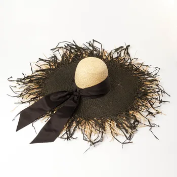 

2010 new bow ribbon straw cap double-layer color-matching hand-knitted woolen big brim raffia straw hat beach sun hat