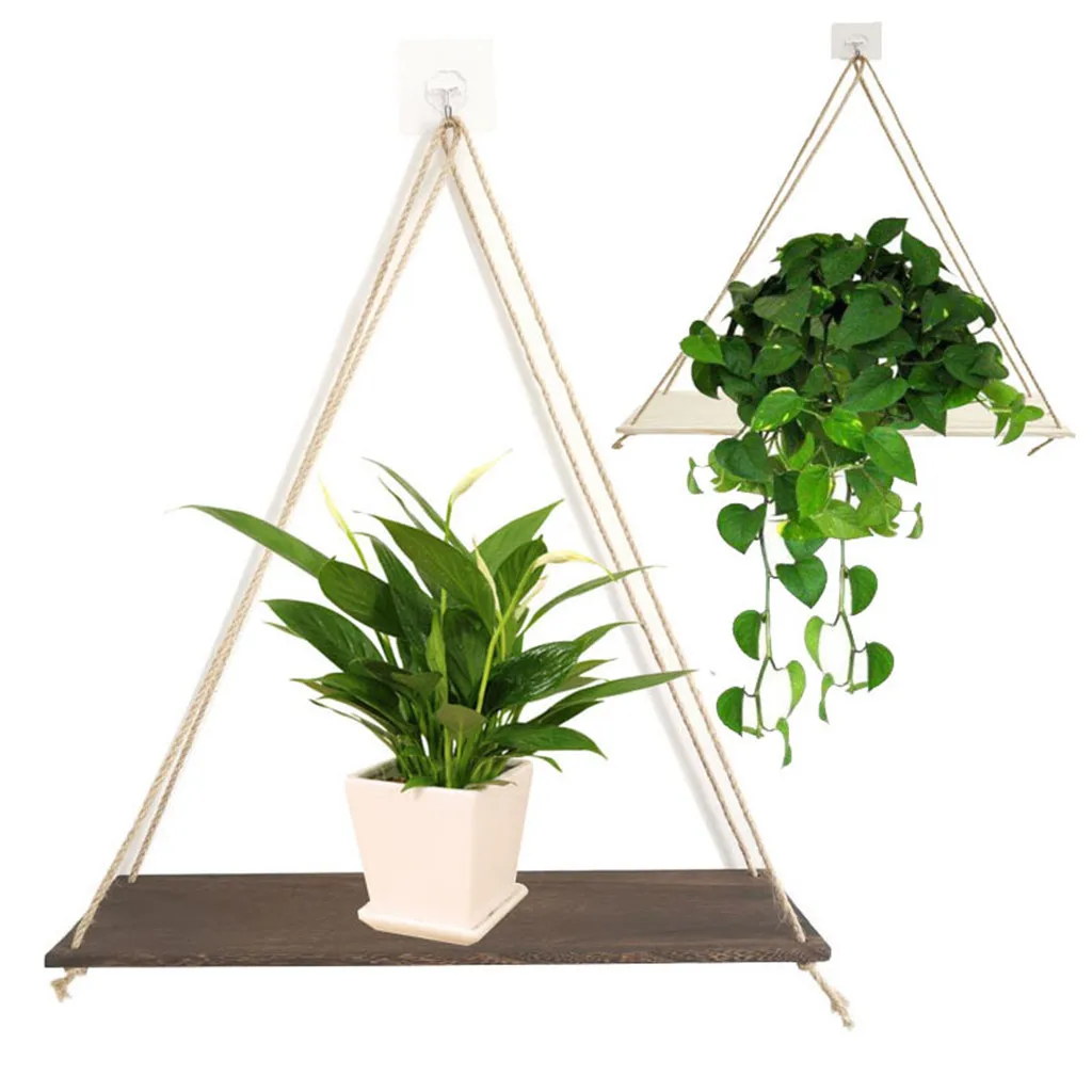 Premium Wood Swing Twine Hanging Rope Wall Mounted Floating Shelves Plant Flower Pot Wall Storage Holder Home Room Decoration