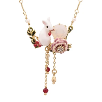 

Cute Animal Pendant Necklace Fashion Lovely White Rabbit Gem Flower Tassel Necklaces For Women Party jewelry
