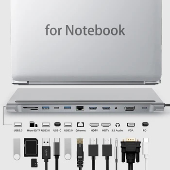 

12-In-1 USB Type-C Hub to Dual Hdmi Rj45 Multi USB 3.0 Power Adapter Docking Station for Laptop Multi HUB USB-C