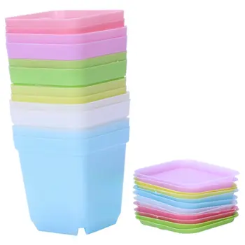 

Colorful Plastic Plant Pots with Saucers, Set of 12