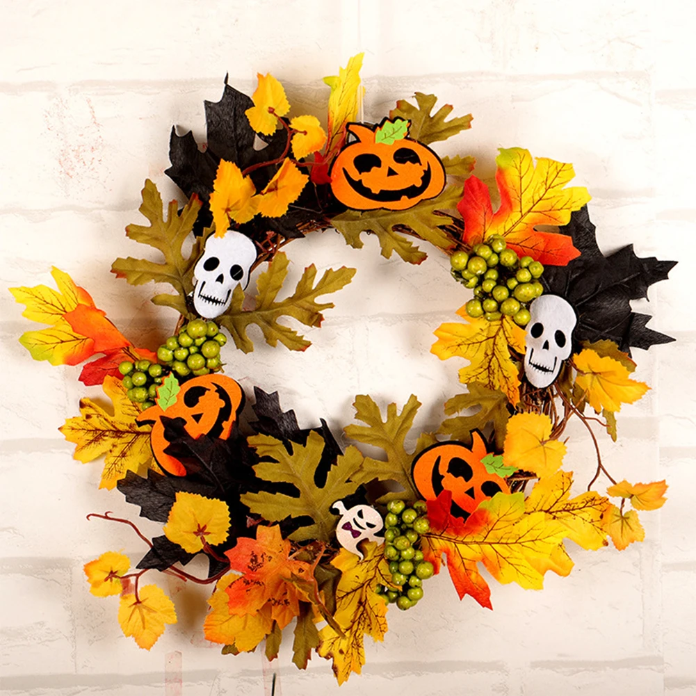 Halloween Pumpkin Wreaths Door Decoration Ghost Artificial Maple Leaf Flower Garland Rattan Berry Home Halloween decoration