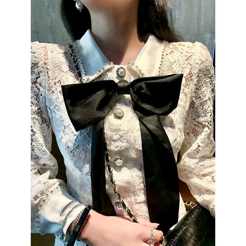 

2019 Early Autumn WOMEN'S Dress Palace Style White Lace Hollow out Debutante Diamond Set Pearl Bow Skirt Dress 8910