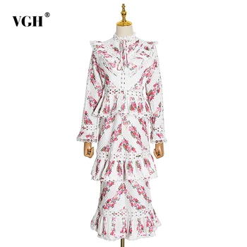 

VGH Casual Hollow Out Printed Dress Women Stand Collar Flare Long Sleeve High Waist Ruffle Dresses Female Fashion 2020 Clothes