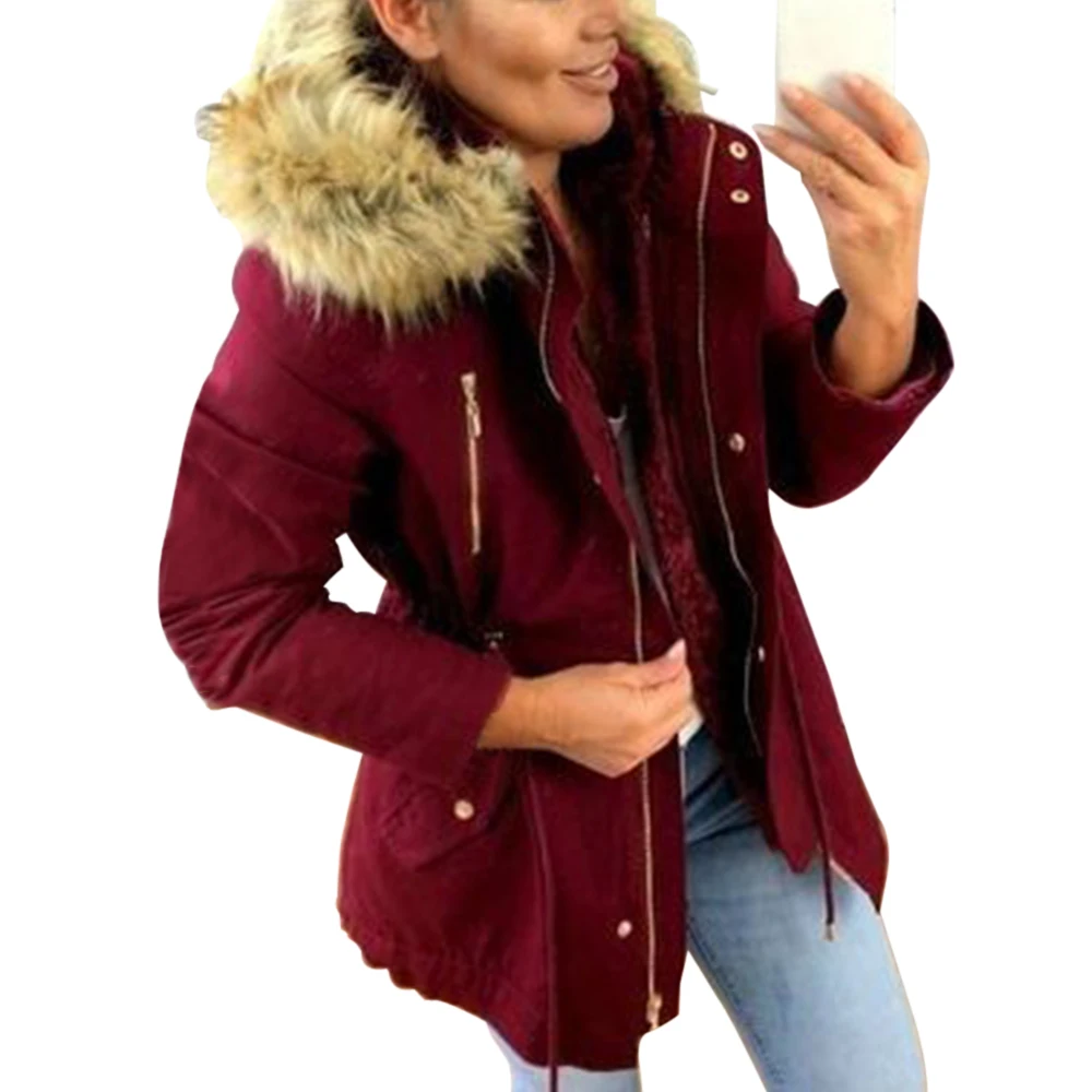 Модное Брендовое Женское зимнее пальто на молнии с капюшоном, повседневное женское утепленное хлопковое зимнее пальто с меховым воротником - Цвет: Wine Red