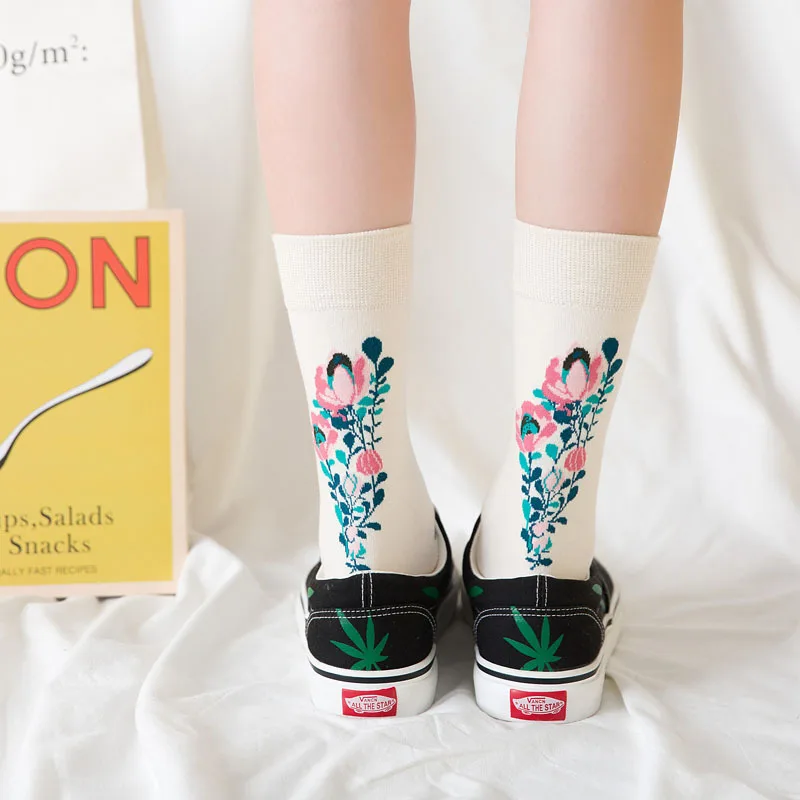 cheap 1 pair Funny Cotton Women Art Socks Novelty Creative Printing Knit Plant Long Socks Happy Fashion Casual Funky Socks for Men