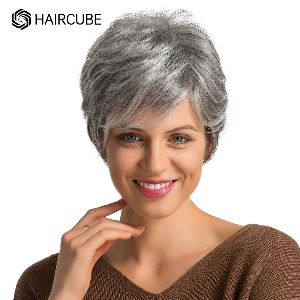 Short Gray Hair Wig with Bangs Silver Ash Pixie Wigs for Women Synthetic Wigs Mixed With Human Hair High Temperature HAIRCUBE