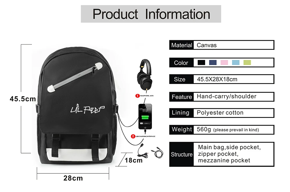 Kpop lil peep Rugzak met Usb-poort Opladen en Lock& Hoofdtelefoon interface для студентов Werk tas schooltas tas