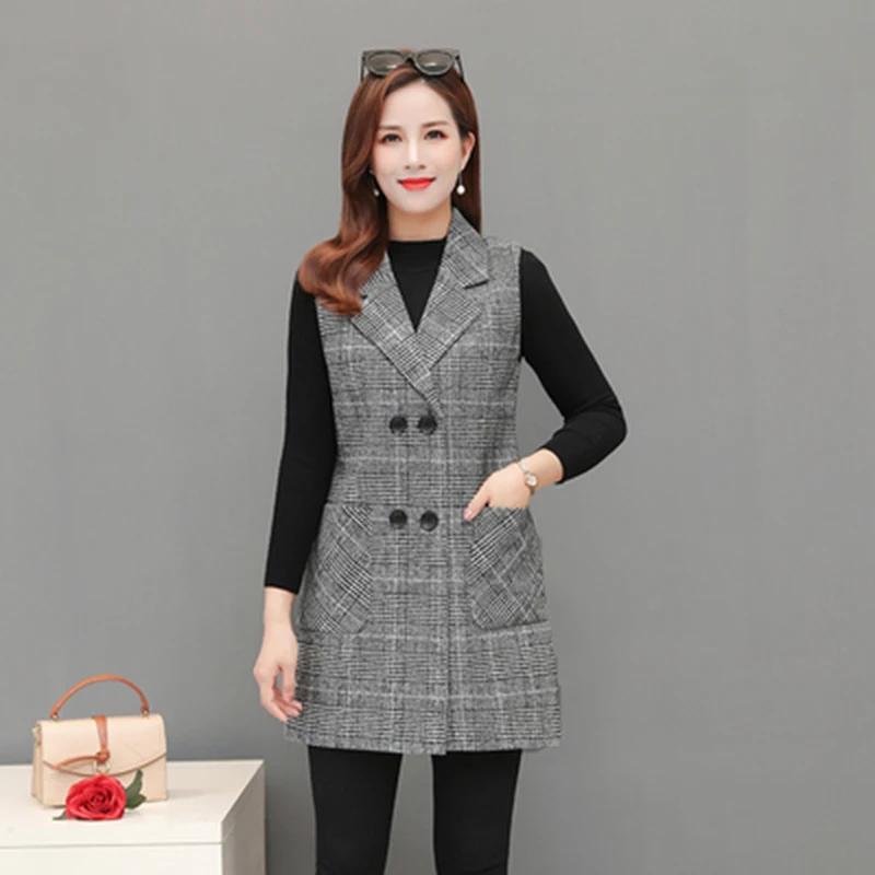 

Women's Plaid Vest Spring Autumn Thin Section Middle-Aged Ladies Vest Mid-length Mother Coat Fashion Loose Vest L73