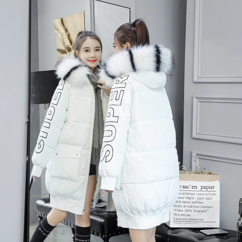 Ветрозащитный пуховик для женщин, Зимняя Толстая теплая парка, длинное меховое хлопковое пальто с капюшоном, Корейская женская верхняя одежда, зимние куртки для женщин
