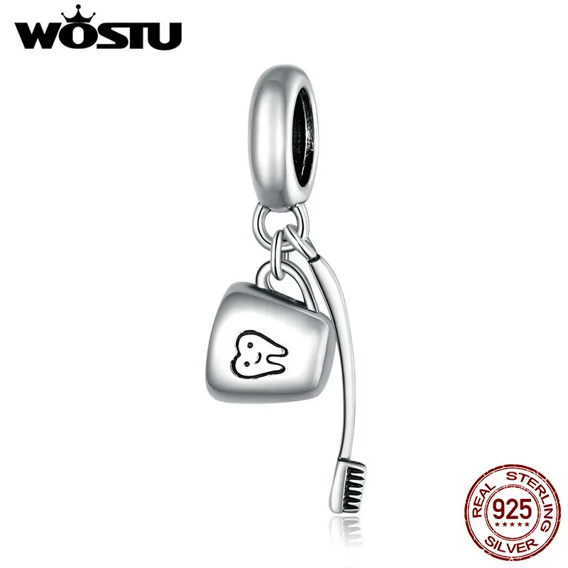

WOSTU Toothbrush & Cup Charm 925 Sterling Silver Daily Life Pendant Bead Fit Original Bracelet Necklace Jewelry CQC1597