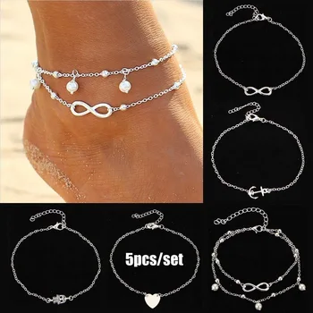 

2020 5Pcs Retro Pearl Heart Infinity Ankle Anklet Bracelet Set Bohemia Foot Beach Anklets Women Fashion Barefoot Chain Jewelry