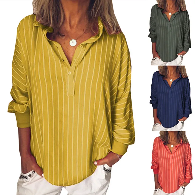 

S-5XL OL Style Vertical Stripes Batwing Sleeve Loose Solid Color Lapel Collar Women Blouse