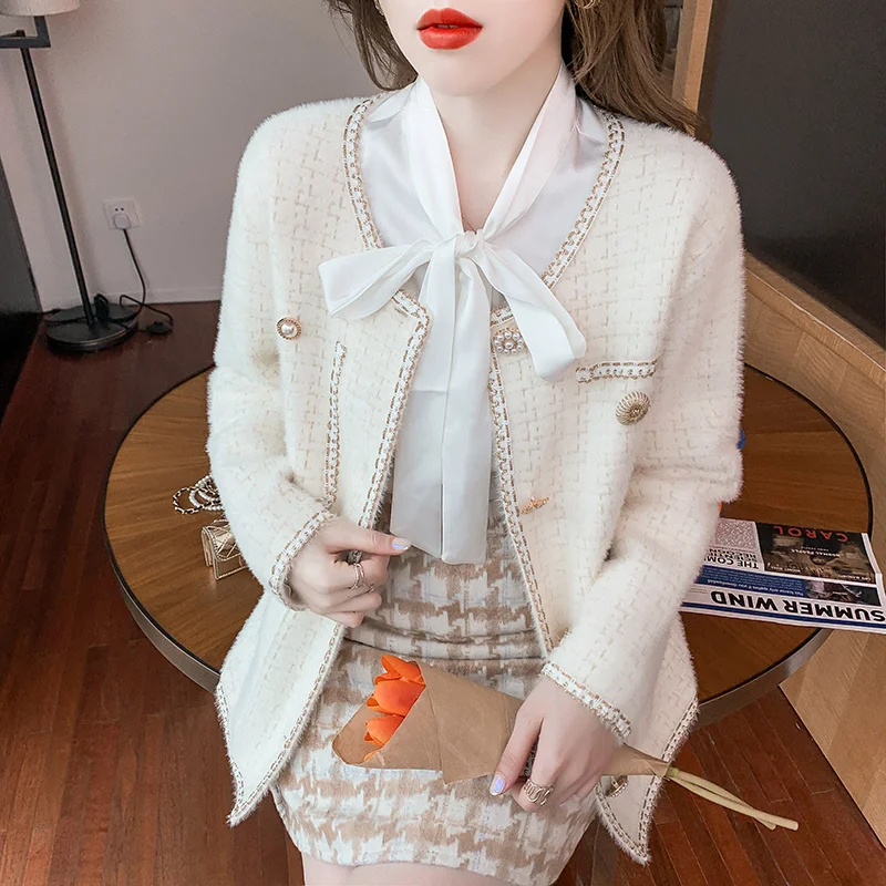 

2021 New Mink Cashmere Loose Sweater Cardigan Jacket Women Autumn And Winter Short Bright Silk Stripe Thickened Knitted Top Coat