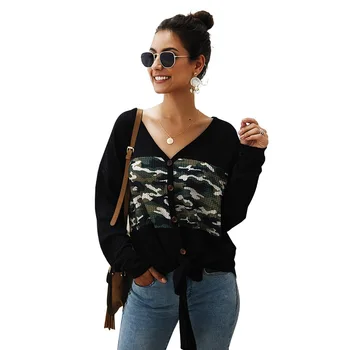 

V-neck Long Sleeve Sweater Women Casual Camouflage Button Sweater Lacing Autumn Fashion Sexy Cardigan Ladies Polyester Knitwear