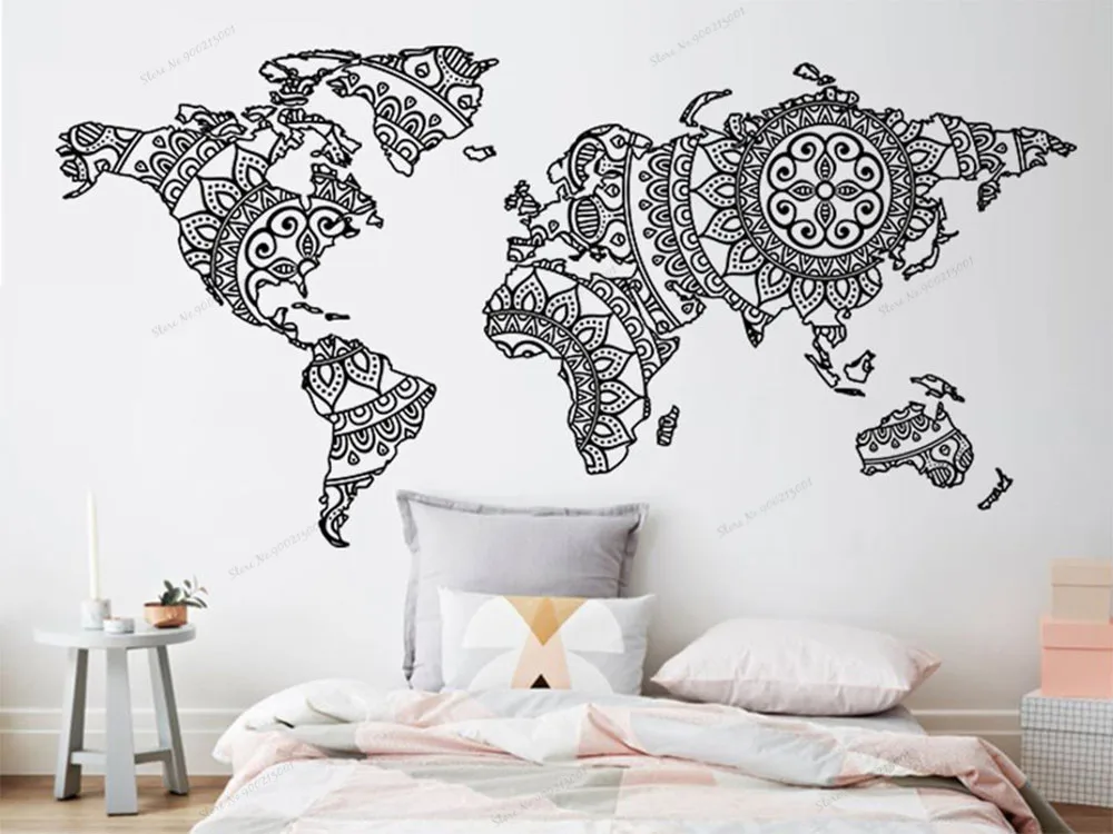 Mandala Mundo Mapa Pared Pegatina Dormitorio Decoracion Yoga Pared Vinilo Arte Pared Calcomania Boho Estilo Mapa Decoracion Del Hogar Murales Wu174 Adhesivos Para Pared Aliexpress