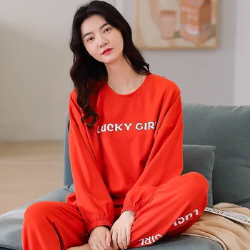 

2020 Women's Pajamas Sets Plus Size Femme Casual Homewear Loungewear Cotton Sleepwear Cartoon O-Neck Pajamas M-2XL