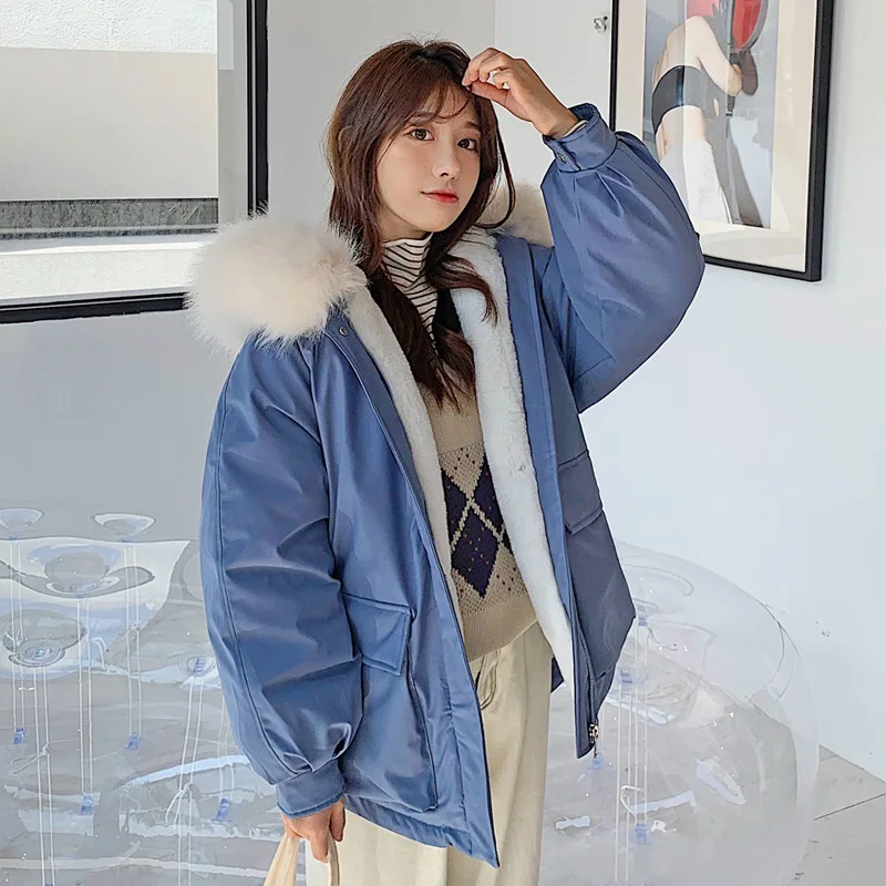 

2019 winter new cotton jacket women loose comfortable large fur collar decoration plus velvet warm hooded casual cotton clothing