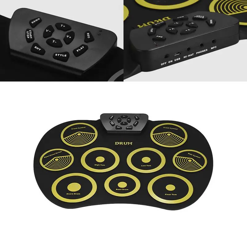  ABLB--Portable Electronics Drum Set Roll Up Drum Kit 9 Silicone Pads USB Powered with Foot Pedals D