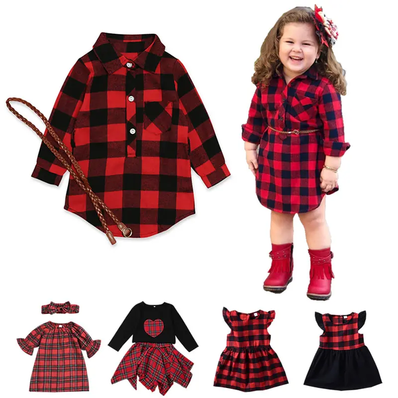 

Scottish Plaid Dress For Baby Girl Flying Sleeve Toddler Casual Clothes Infant Spring Autumn Outfits Red Black Print Frocks