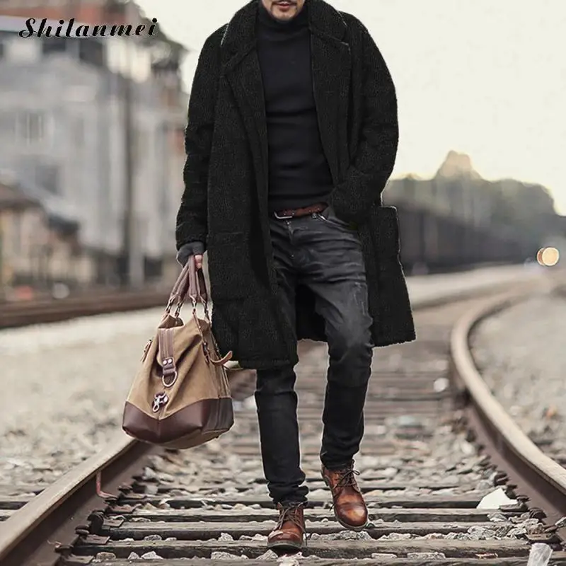 Мужское пальто из искусственного меха, толстые теплые длинные пальто, плюс размерные куртки, Мужская зимняя Длинная ветровка, Мужская Уличная одежда, Мужское Пальто 4XL - Цвет: black