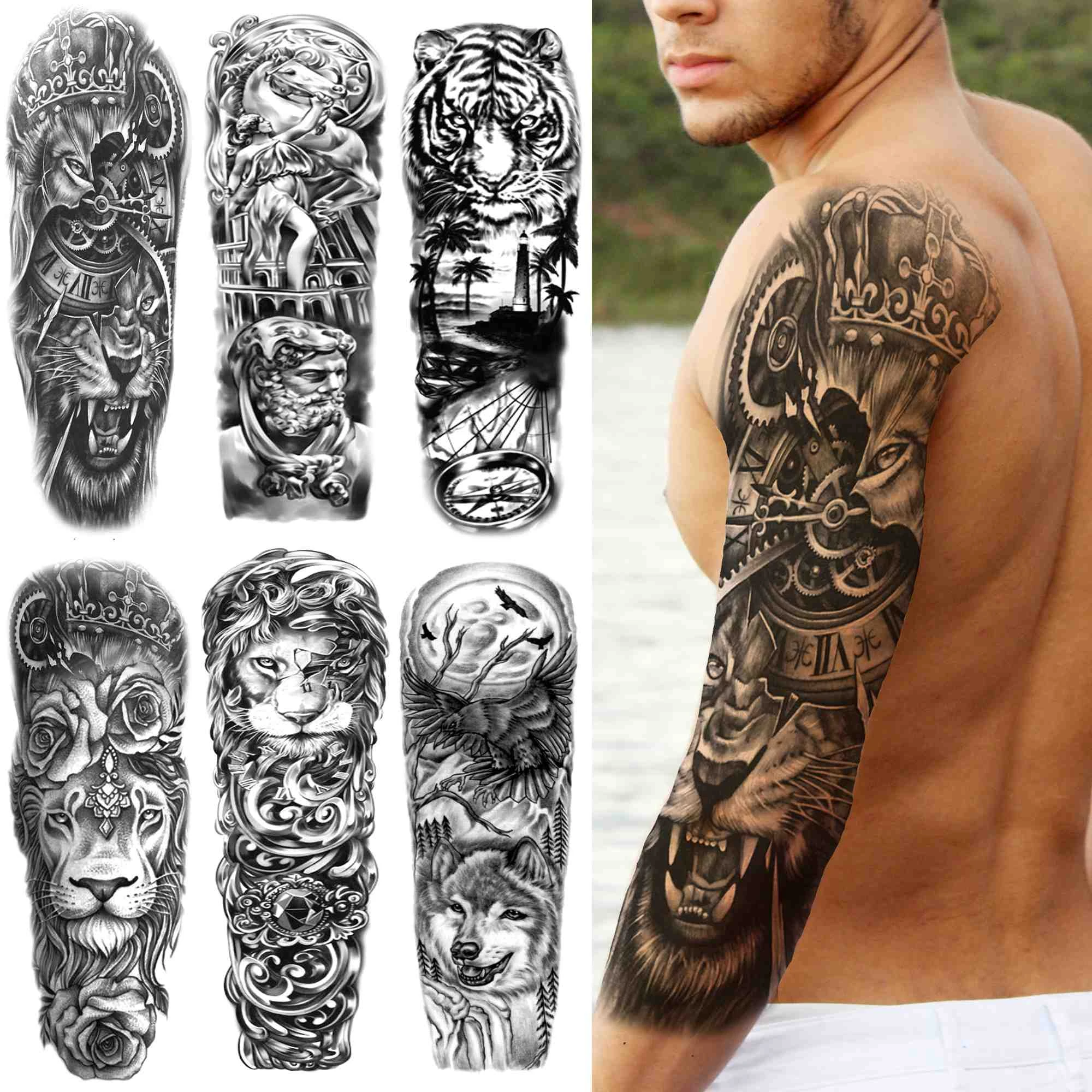 Full Arm Lion King Temporary Tattoos Sleeve For Men Women Fake Gear Tiger Tattoo Sticker Realistic Animal Black Tatoo Waterproof Temporary Tattoos Aliexpress