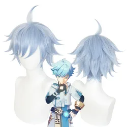 Genshin – perruque de Cosplay Impact Kinsen pour hommes, cheveux courts bouclés, bleu clair, accessoires de Costume de jeu, nouveaux accessoires d'anime 